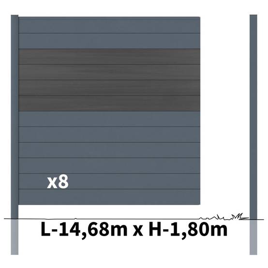 Kit Clôture Aluminium BAHIA & CRUZ Ardoise 14,68x1,8m - Bois Composite & Aluminium - Poteaux Gris - Brise Vue - Palissade - Image 3
