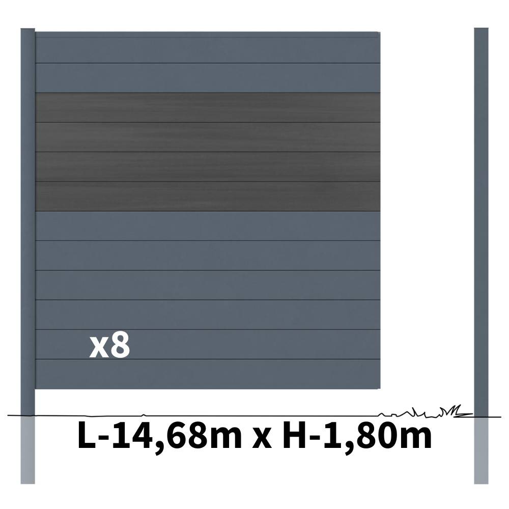 Kit Clôture Aluminium BAHIA & CRUZ Ardoise 14,68x1,8m - Bois Composite & Aluminium - Poteaux Gris - Brise Vue - Palissade - Image 3