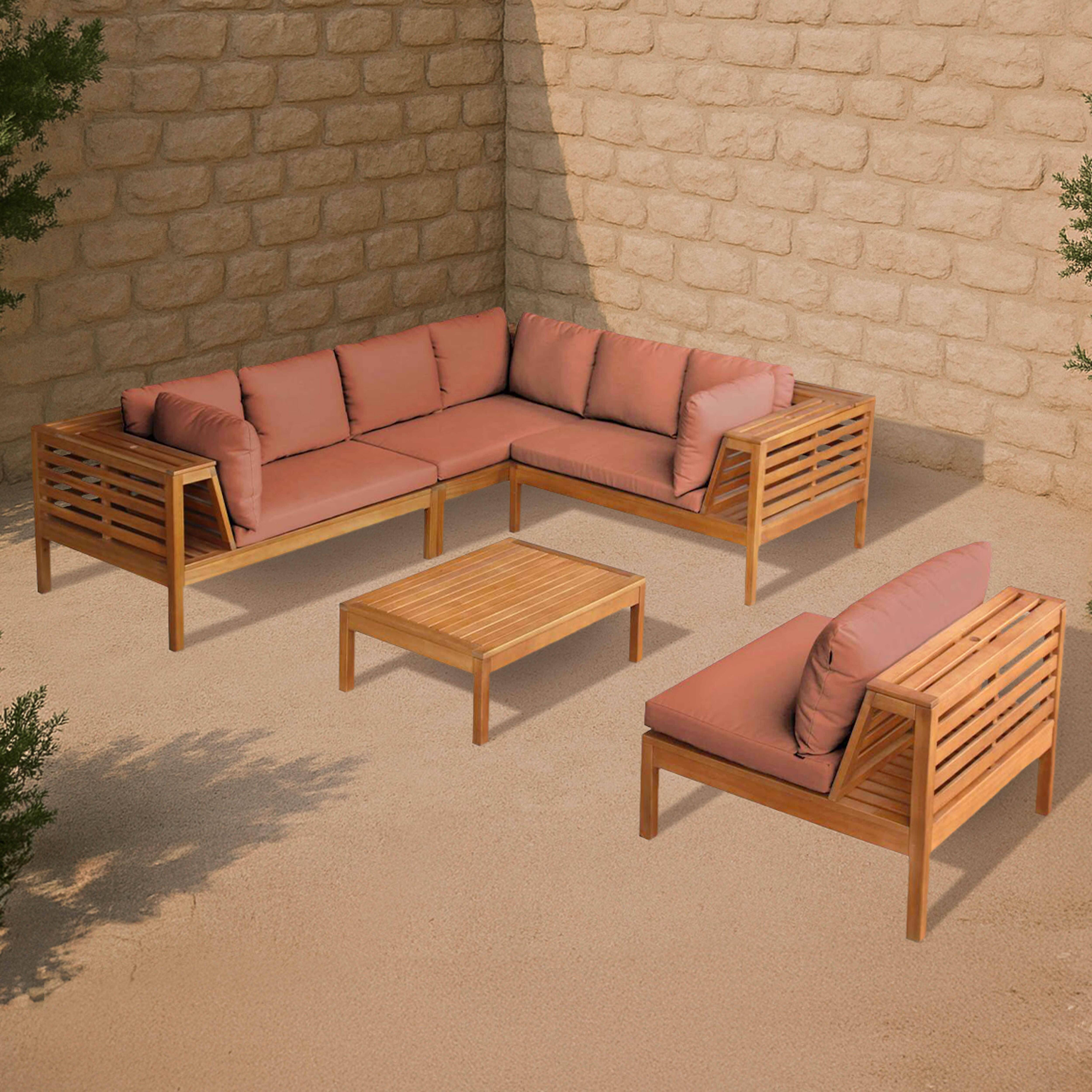 Oviala - Salon de jardin d'angle 6 places en bois d'eucalyptus terracotta Maupiti - Oviala - Imagen 2