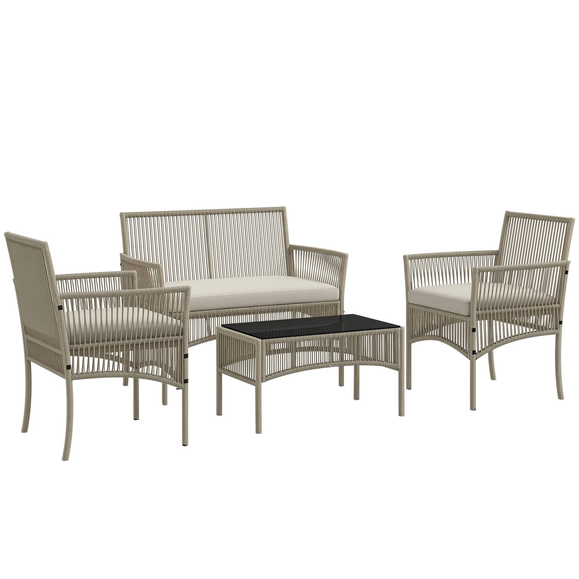 Salon de jardin 4 places en résine tressée pour terrasse avec coussins kaki noir - ComfortXL Outdoor Living