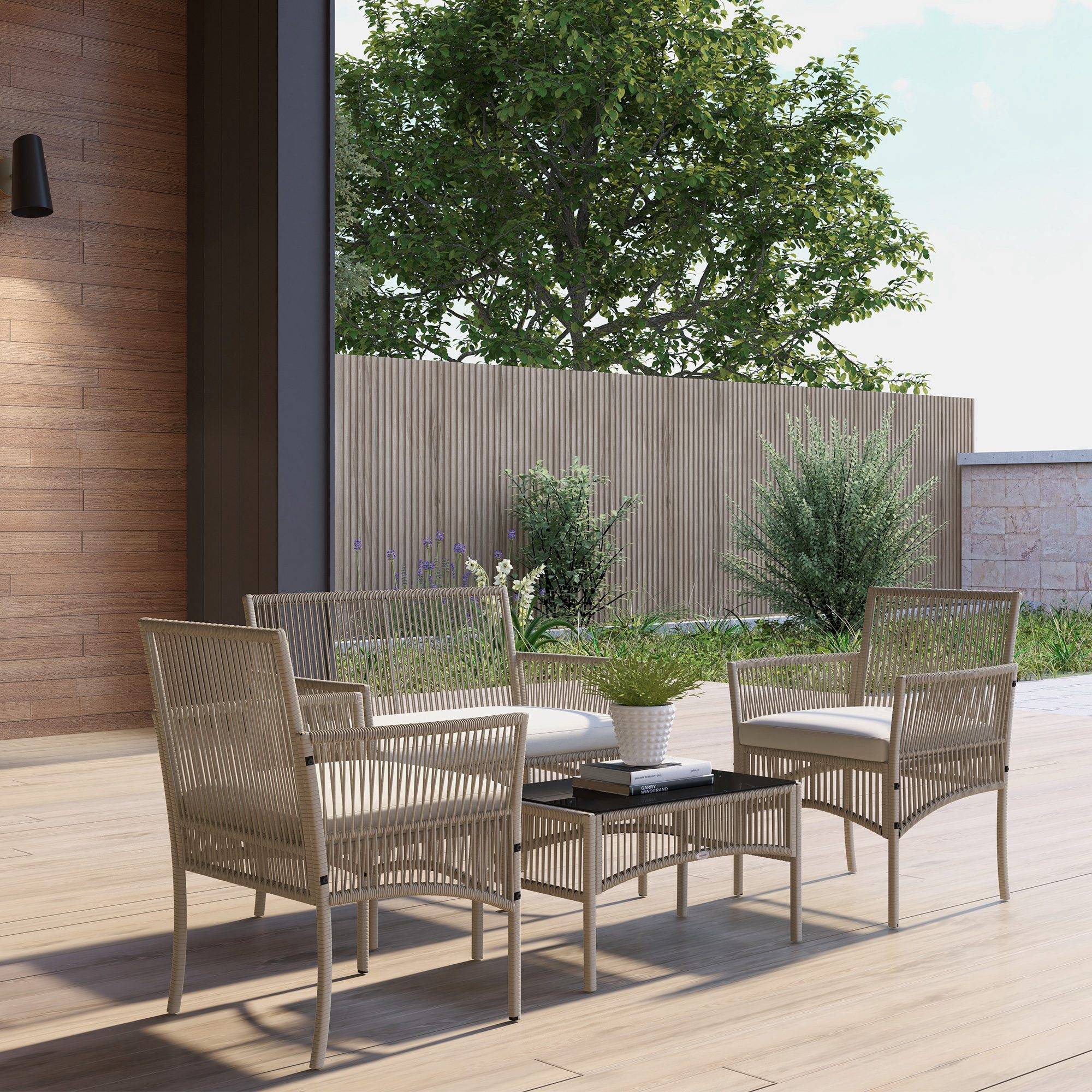 ComfortXL - Salon de jardin 4 places en résine tressée pour terrasse avec coussins kaki noir - ComfortXL Outdoor Living - Image 4