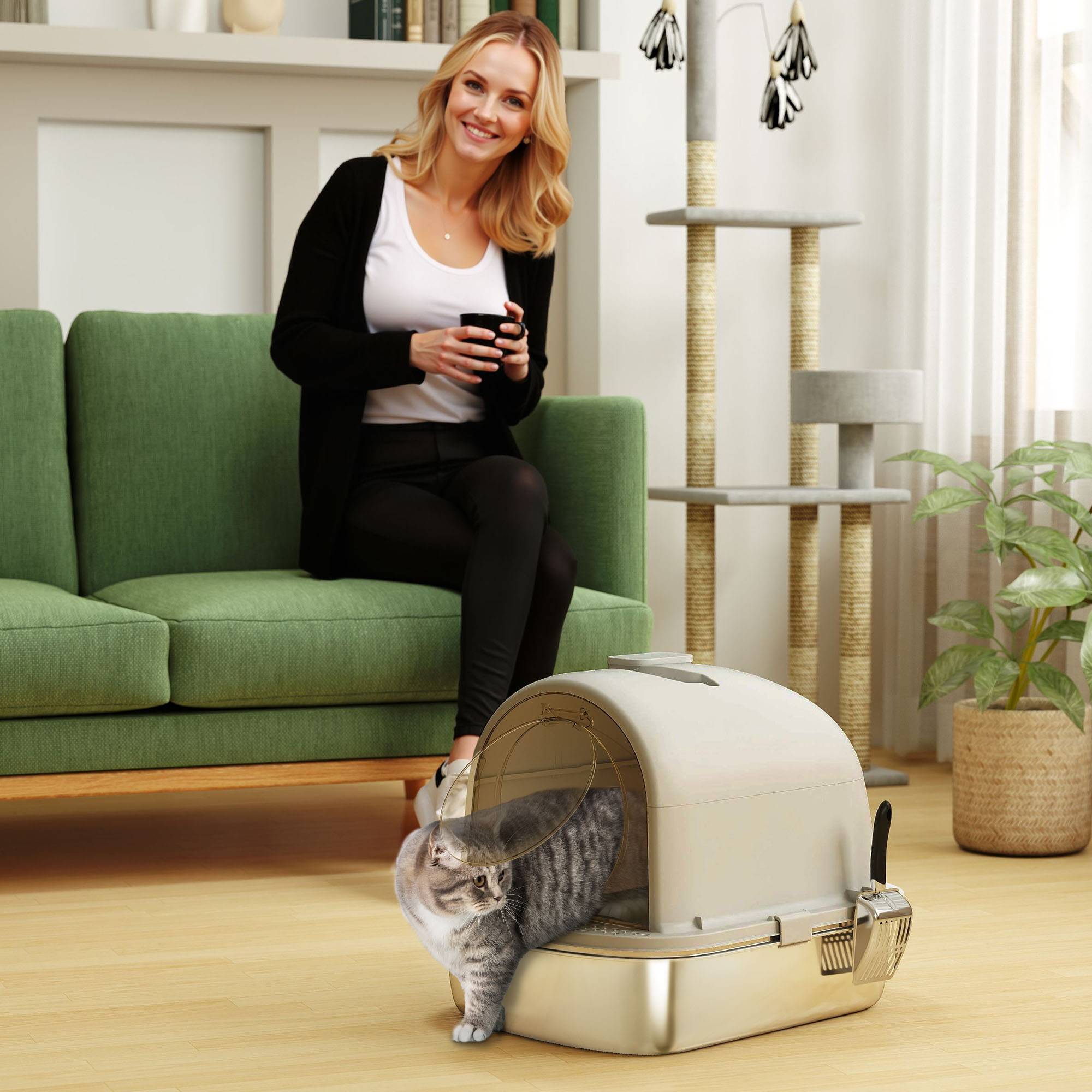 Litière chat acier inoxydable couverte sac désodorisant pelle facile nettoyer 52,4x41,3x39,9 cm gris - Image 4