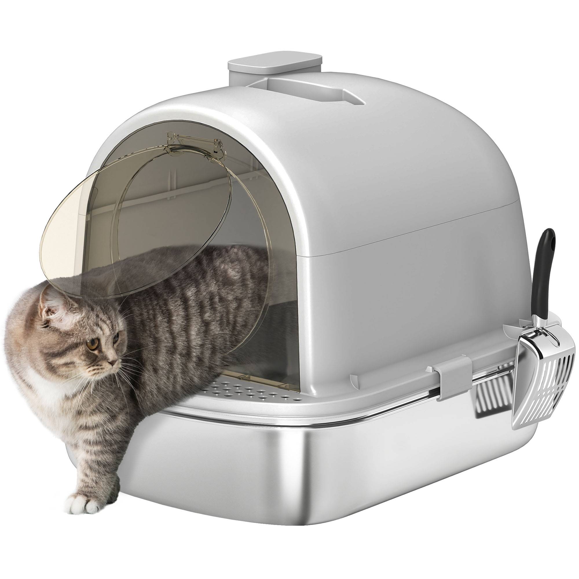 Litière chat acier inoxydable couverte sac désodorisant pelle facile nettoyer 52,4x41,3x39,9 cm gris - Image 1