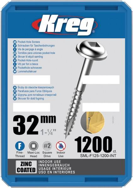 Vis à trous de poche 32 mm Revêtu de Zinc Maxi-Loc, Filetage fin - KREG - SML-F125-1200