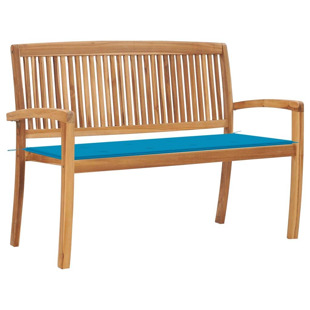 Helloshop26 - Banc de jardin meuble de patio d'extérieur terrasse empilable et coussin bleu 128,5 x 57,5 x 90 cm bois de teck massif - Imagen 1