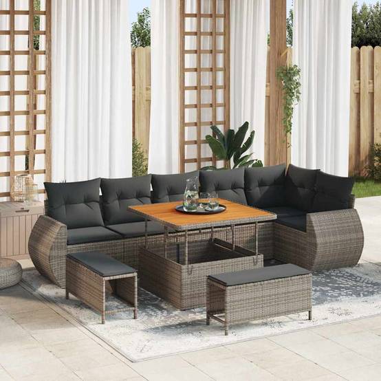 Ensemble de terrasse 8 places en polyrotin tressé avec table et poufs modulables Gris – ComfortXL Outdoor Living - Image 1