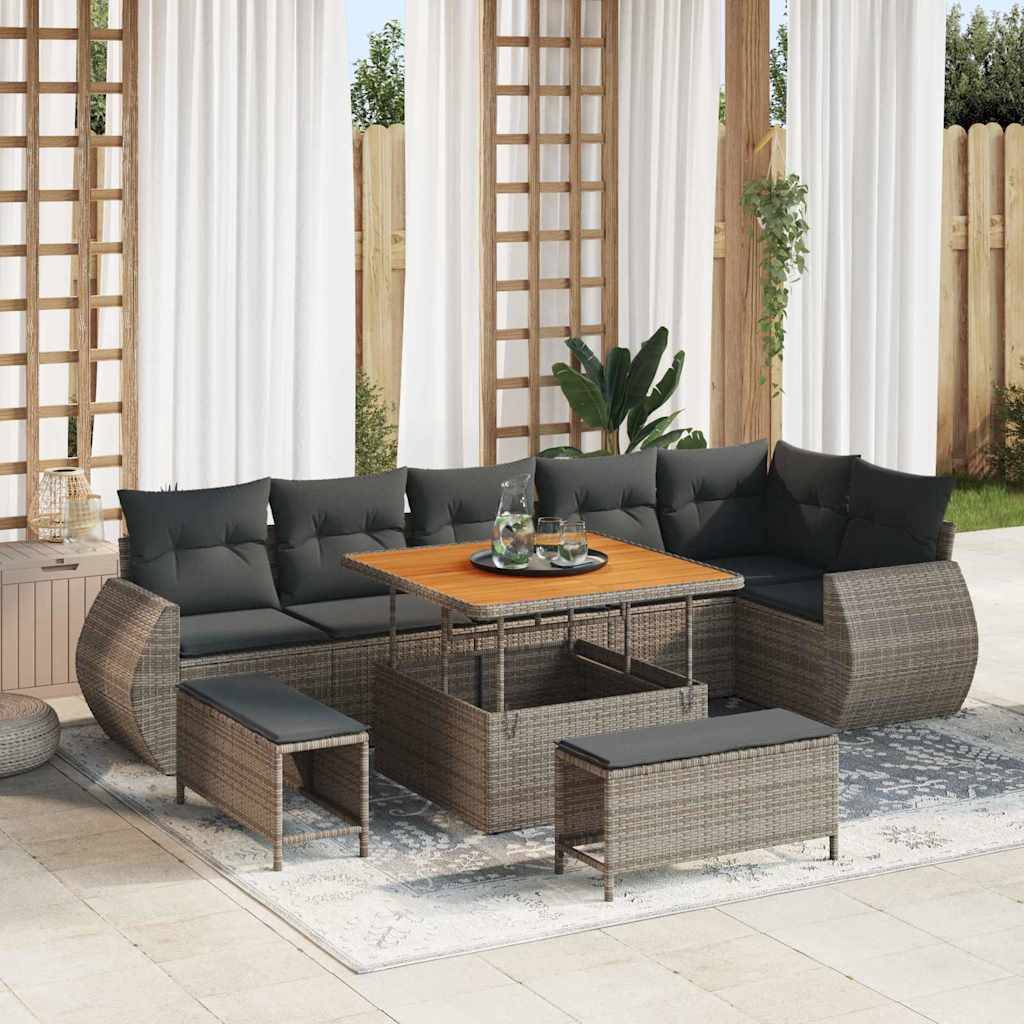 Ensemble de terrasse 8 places en polyrotin tressé avec table et poufs modulables Gris – ComfortXL Outdoor Living - Image 1