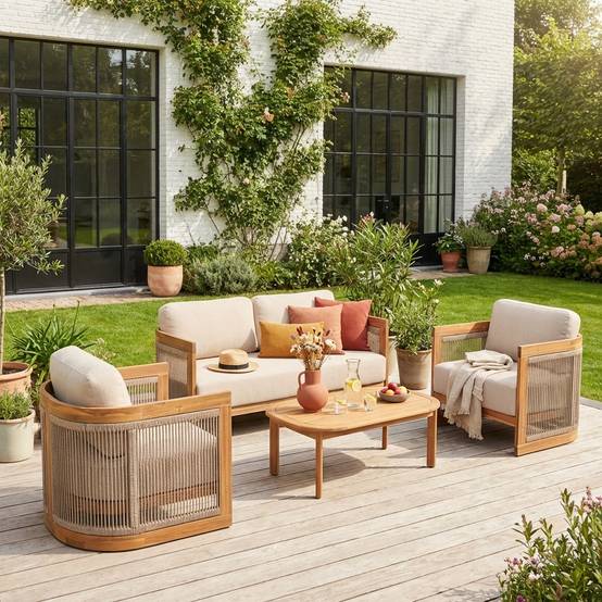 Salon de jardin bois d'acacia et cordes 4 places beige - Maui | sweeek - Image 1