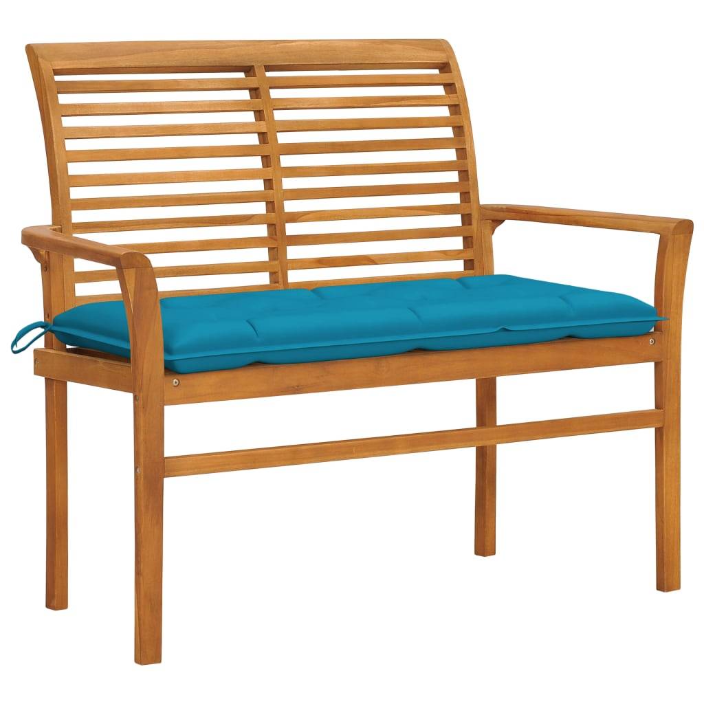 Helloshop26 - Banc de jardin meuble de patio d'extérieur terrasse avec coussin 112 x 55 x 94 cm bleu clair 112 cm bois de teck - Imagen 1