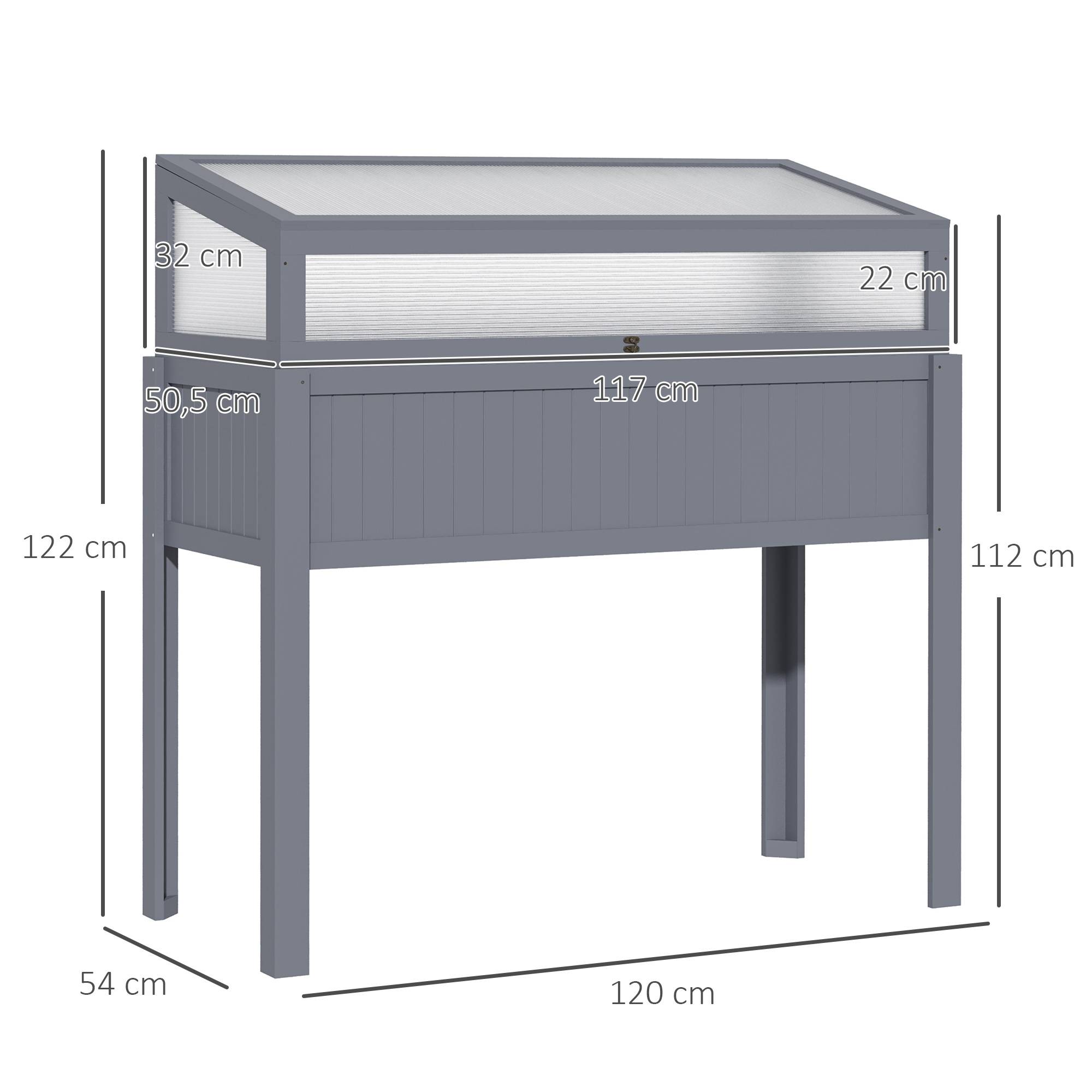 Jardinière bois avec serre 2-en-1, polycarbonate, gris, 120x54x112/122 cm - Image 5