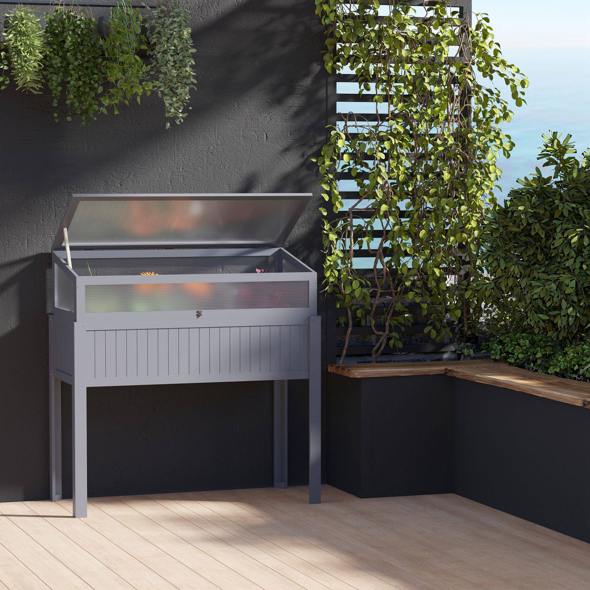 Jardinière bois avec serre 2-en-1, polycarbonate, gris, 120x54x112/122 cm - Image 3