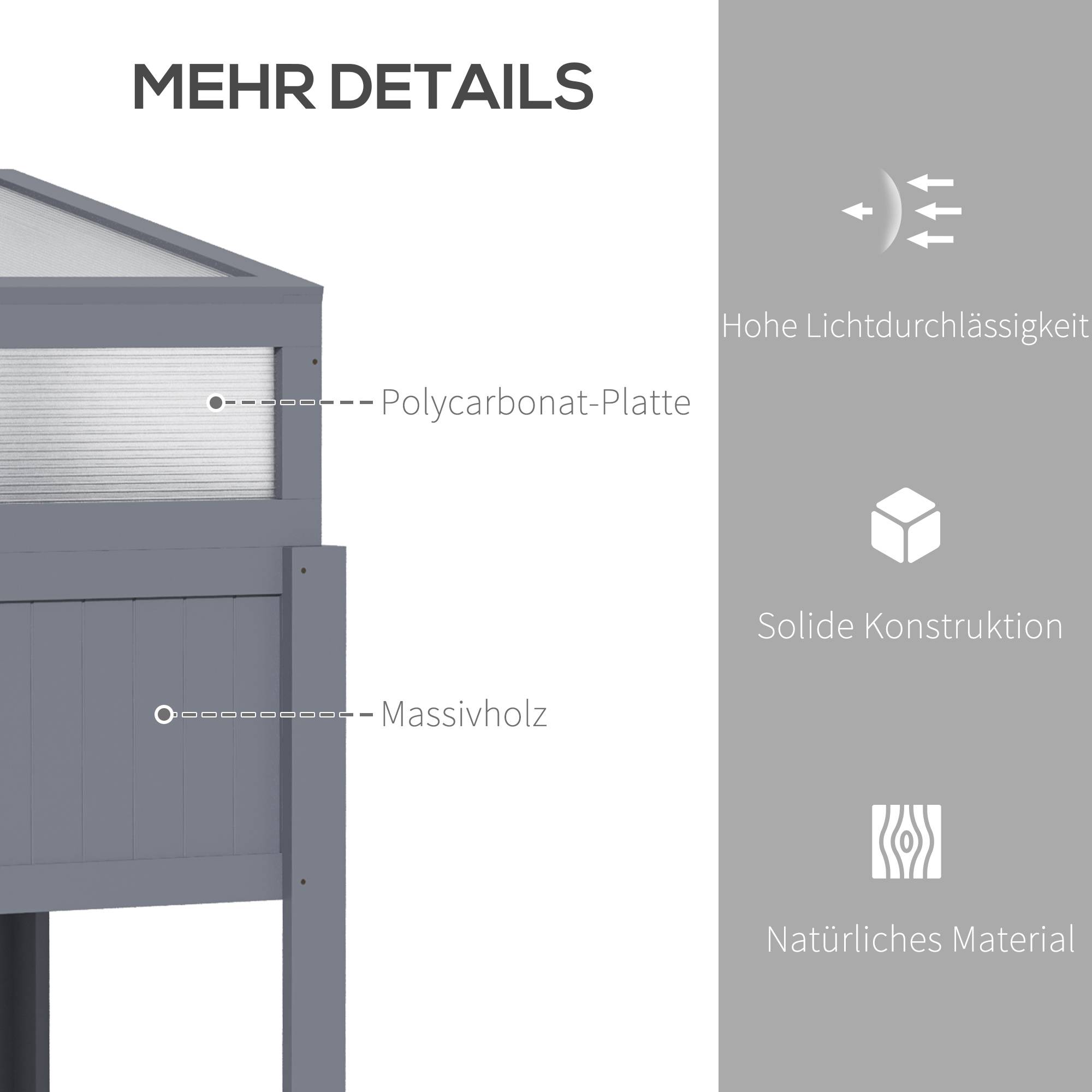 Jardinière bois avec serre 2-en-1, polycarbonate, gris, 120x54x112/122 cm - Image 7