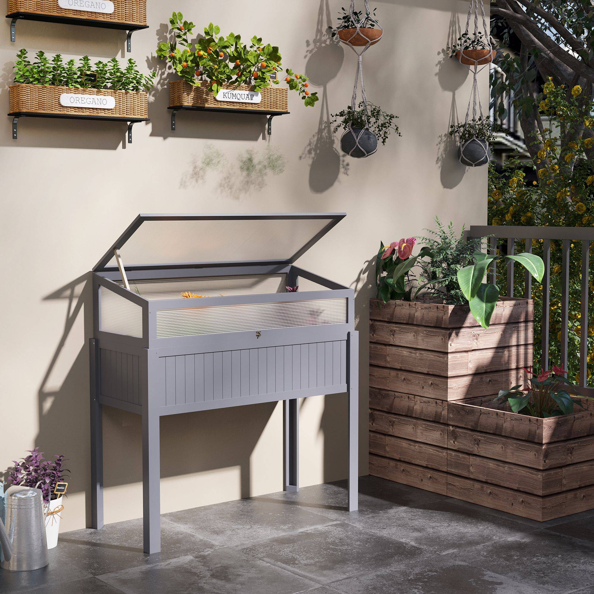 Jardinière bois avec serre 2-en-1, polycarbonate, gris, 120x54x112/122 cm - Image 4