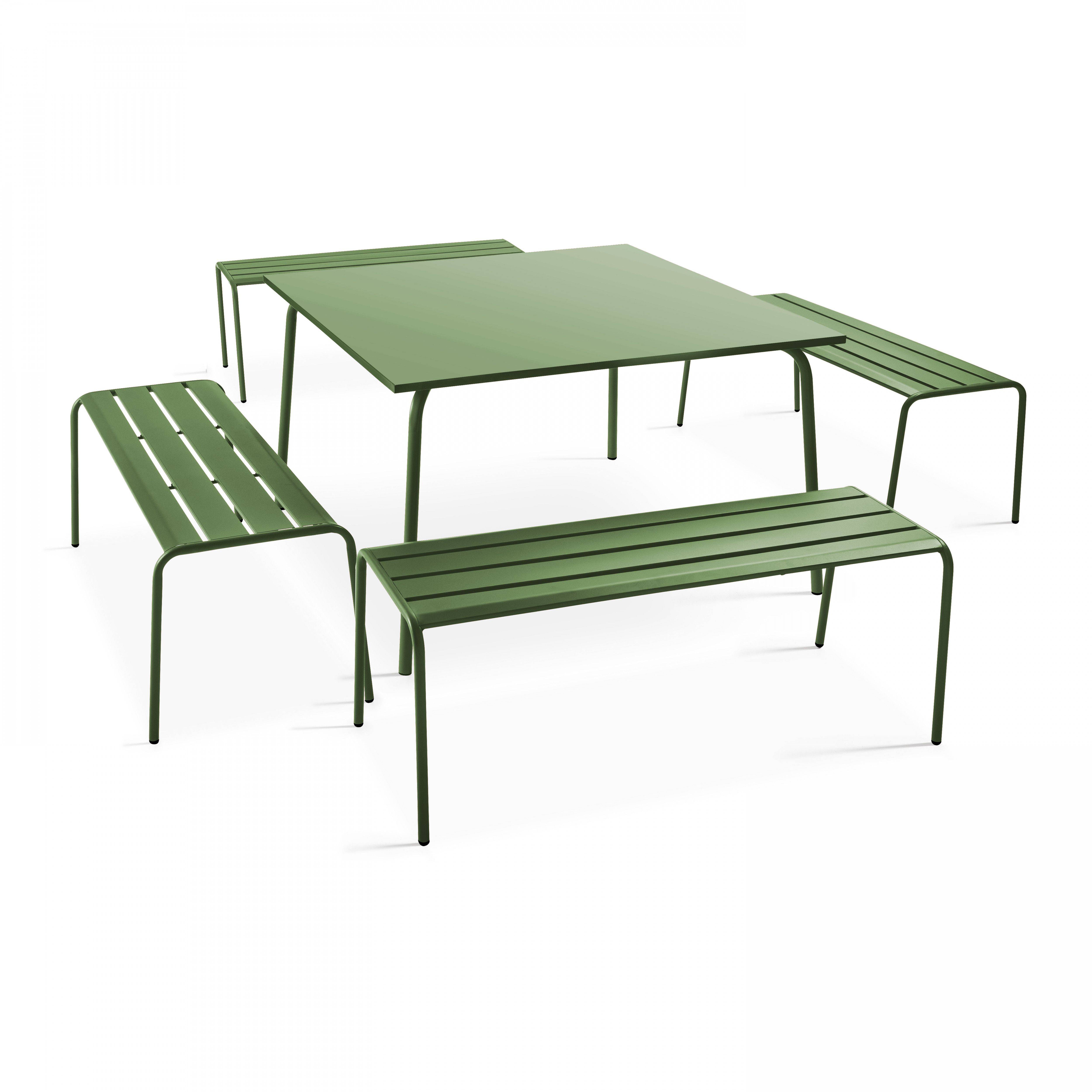 Oviala - Ensemble table de jardin carrée et 4 bancs en métal vert cactus Palavas - Oviala - Imagen 1