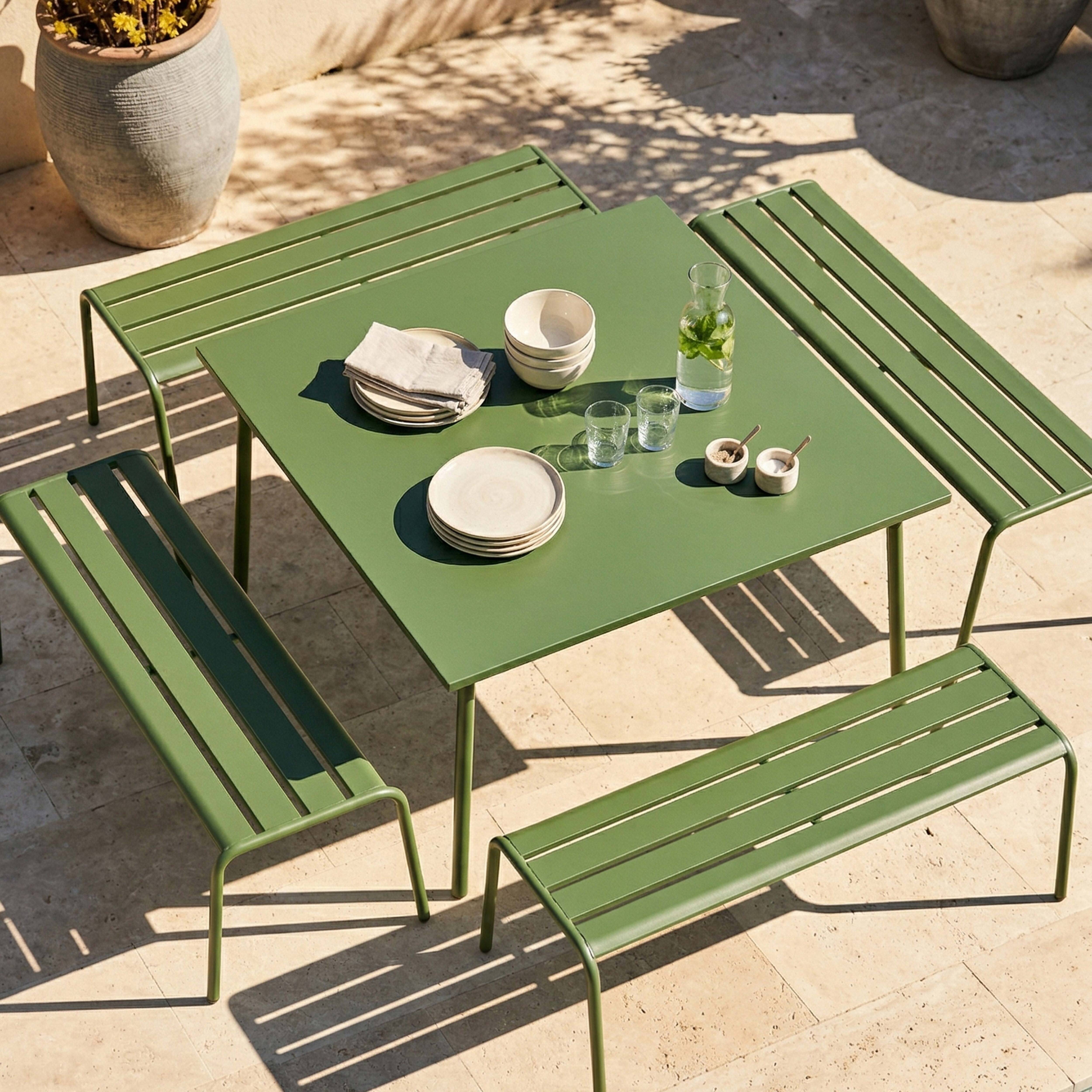 Oviala - Ensemble table de jardin carrée et 4 bancs en métal vert cactus Palavas - Oviala - Imagen 3