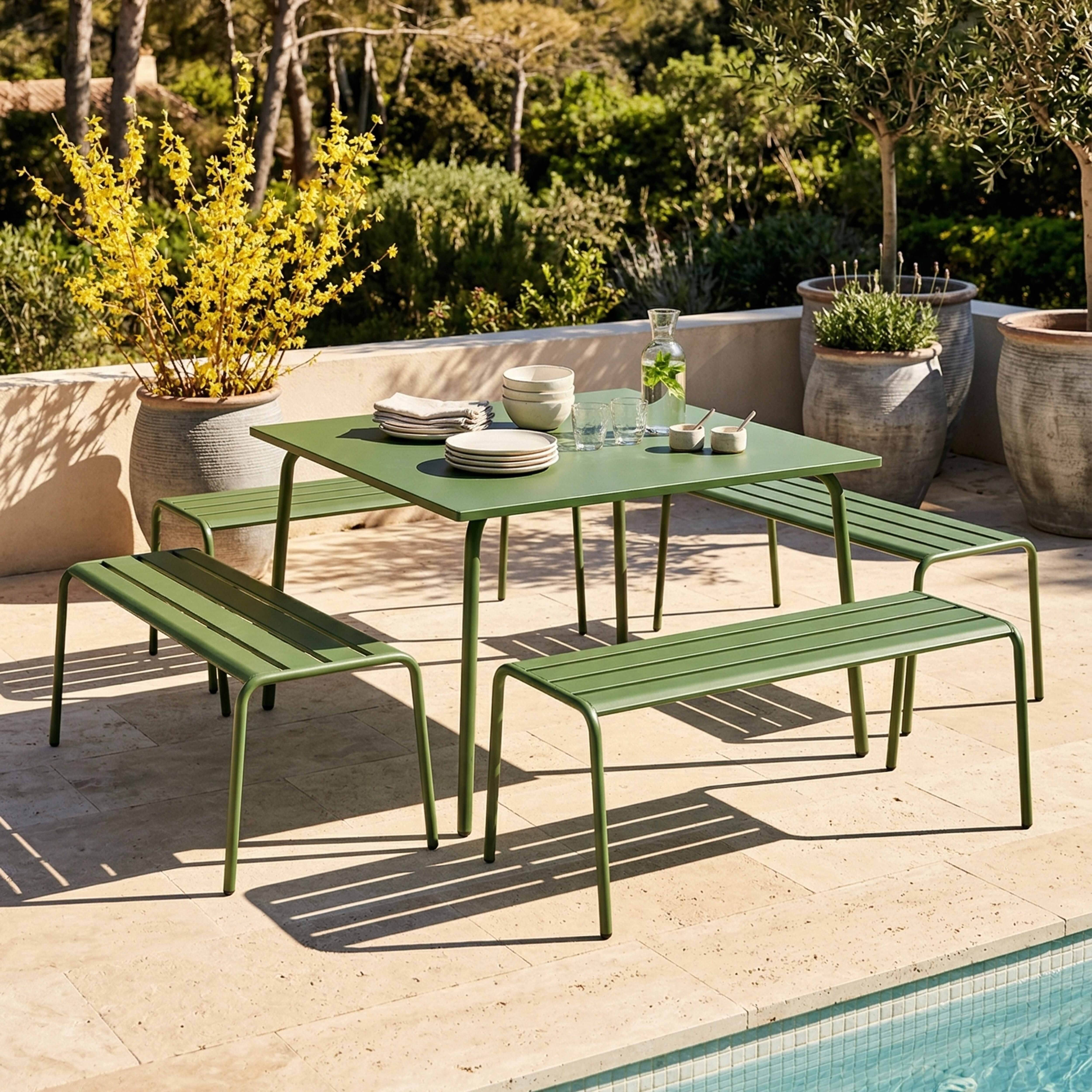 Oviala - Ensemble table de jardin carrée et 4 bancs en métal vert cactus Palavas - Oviala - Imagen 2
