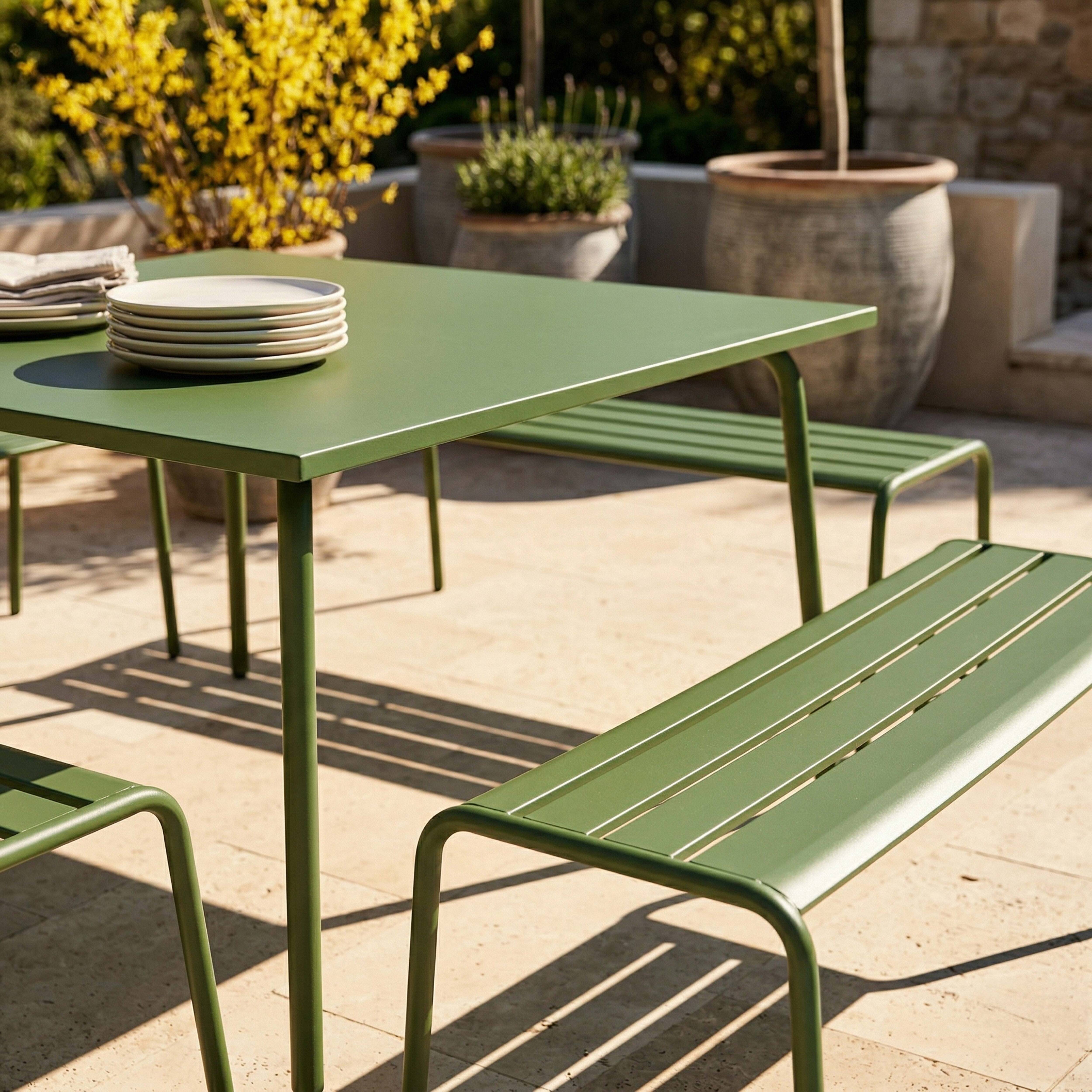 Oviala - Ensemble table de jardin carrée et 4 bancs en métal vert cactus Palavas - Oviala - Imagen 4