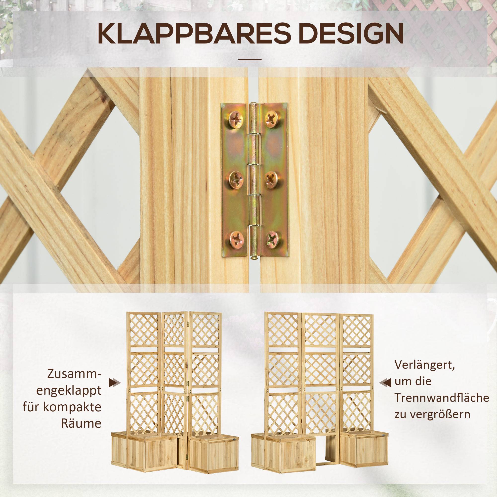 Paravent de balcon avec 4 jardinières en bois naturel, 133 x 62 x 165 cm, 3 panneaux - PANGIVO - Image 5