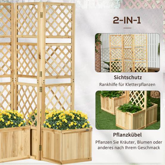 Paravent de balcon avec 4 jardinières en bois naturel, 133 x 62 x 165 cm, 3 panneaux - PANGIVO - Image 4