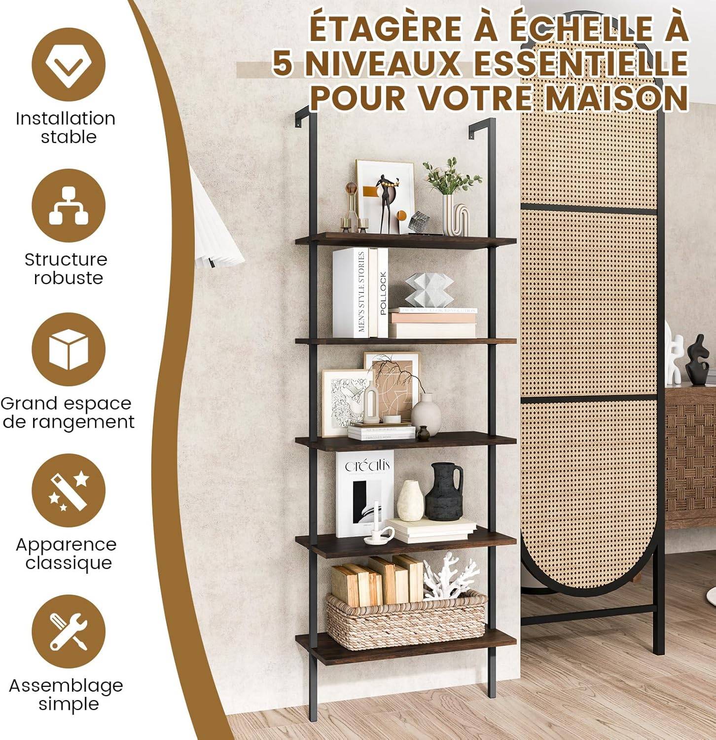 Bibliothèque Étagère Échelle 5 Niveaux avec Cadre Métallique, Étagère de Rangement Style Industriel - Image 2