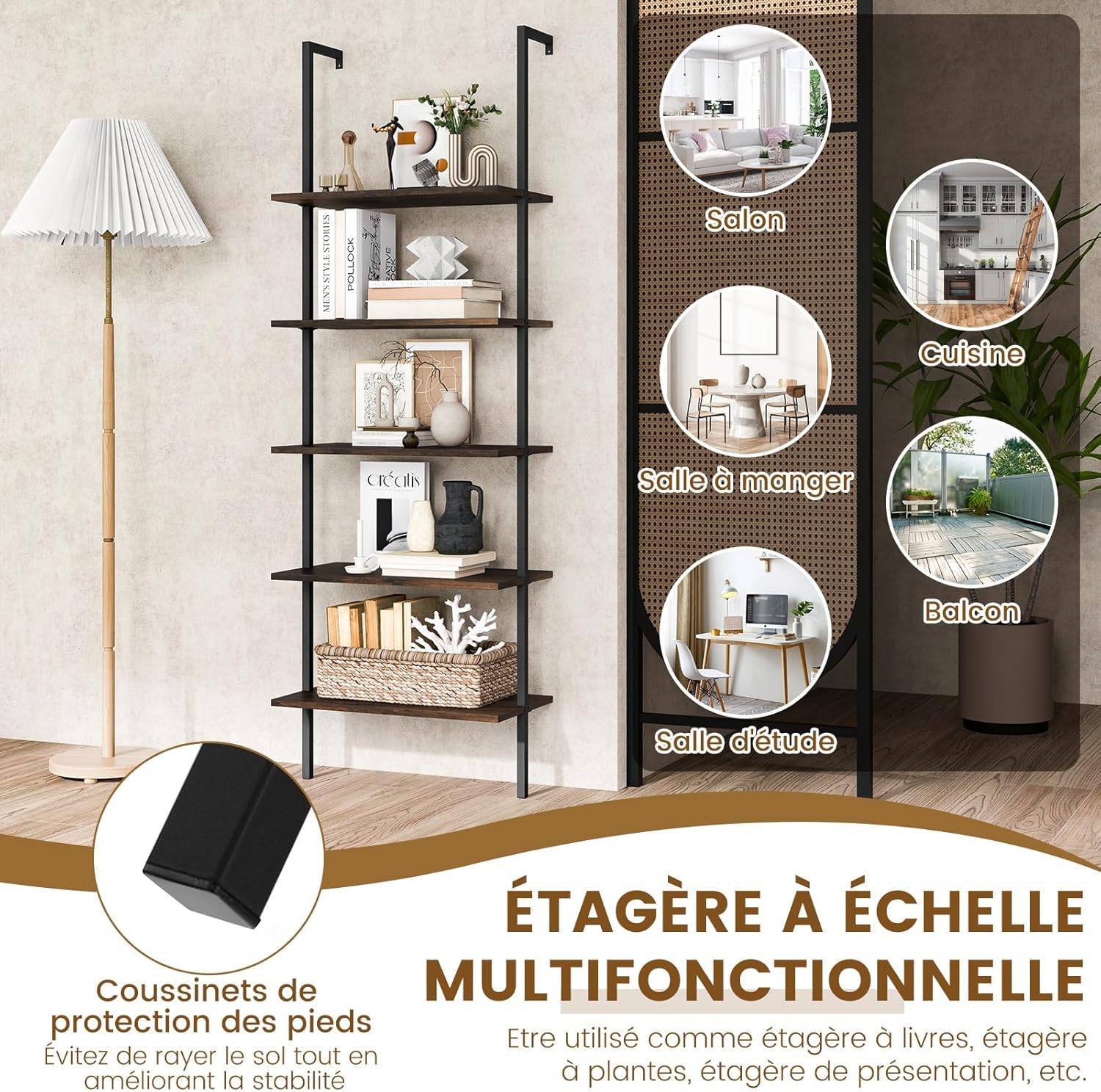 Bibliothèque Étagère Échelle 5 Niveaux avec Cadre Métallique, Étagère de Rangement Style Industriel - Image 3