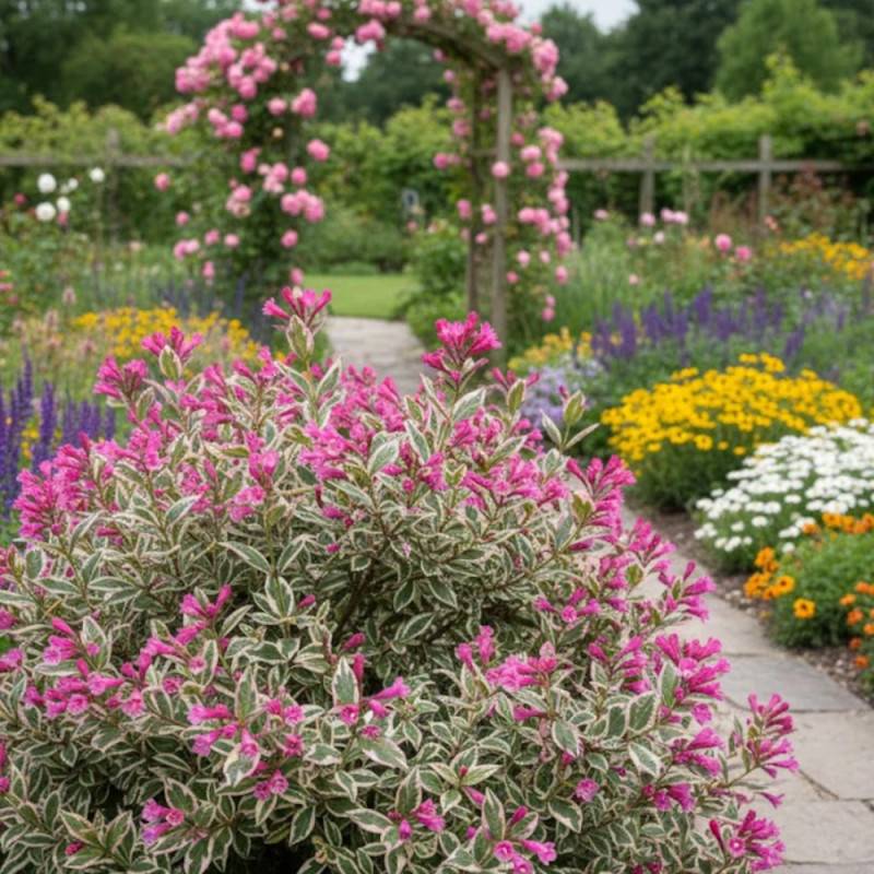 Weigela All Summer® Monet 'Verweig8', Weigelia à fleurs Blanche - feuillage Caduc - Pot de 4L - 40/60 cm-  hauteur à maturité De 1,00 m à 1,50 m - Imagen 5