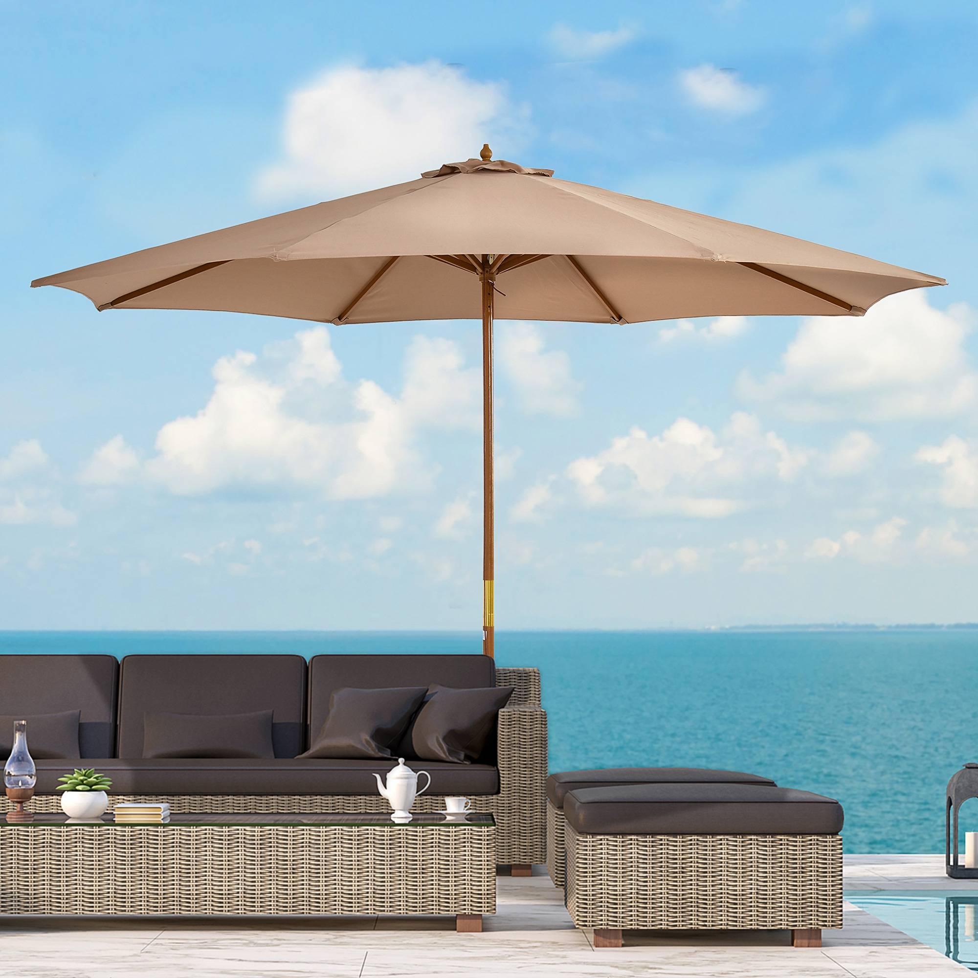 Parasol droit en bois bambou pour jardin terrasse protection anti-UV Ø300cm Kaki - ComfortXL Outdoor Living - Image 1