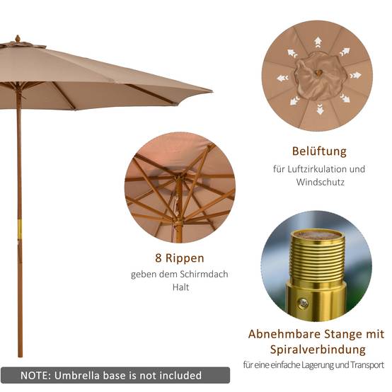 Parasol droit en bois bambou pour jardin terrasse protection anti-UV Ø300cm Kaki - ComfortXL Outdoor Living - Image 6