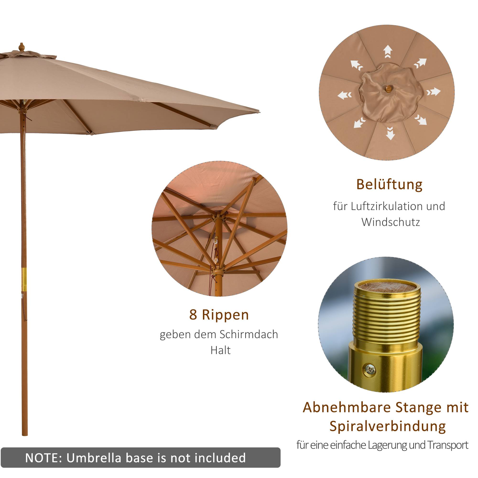 Parasol droit en bois bambou pour jardin terrasse protection anti-UV Ø300cm Kaki - ComfortXL Outdoor Living - Image 6