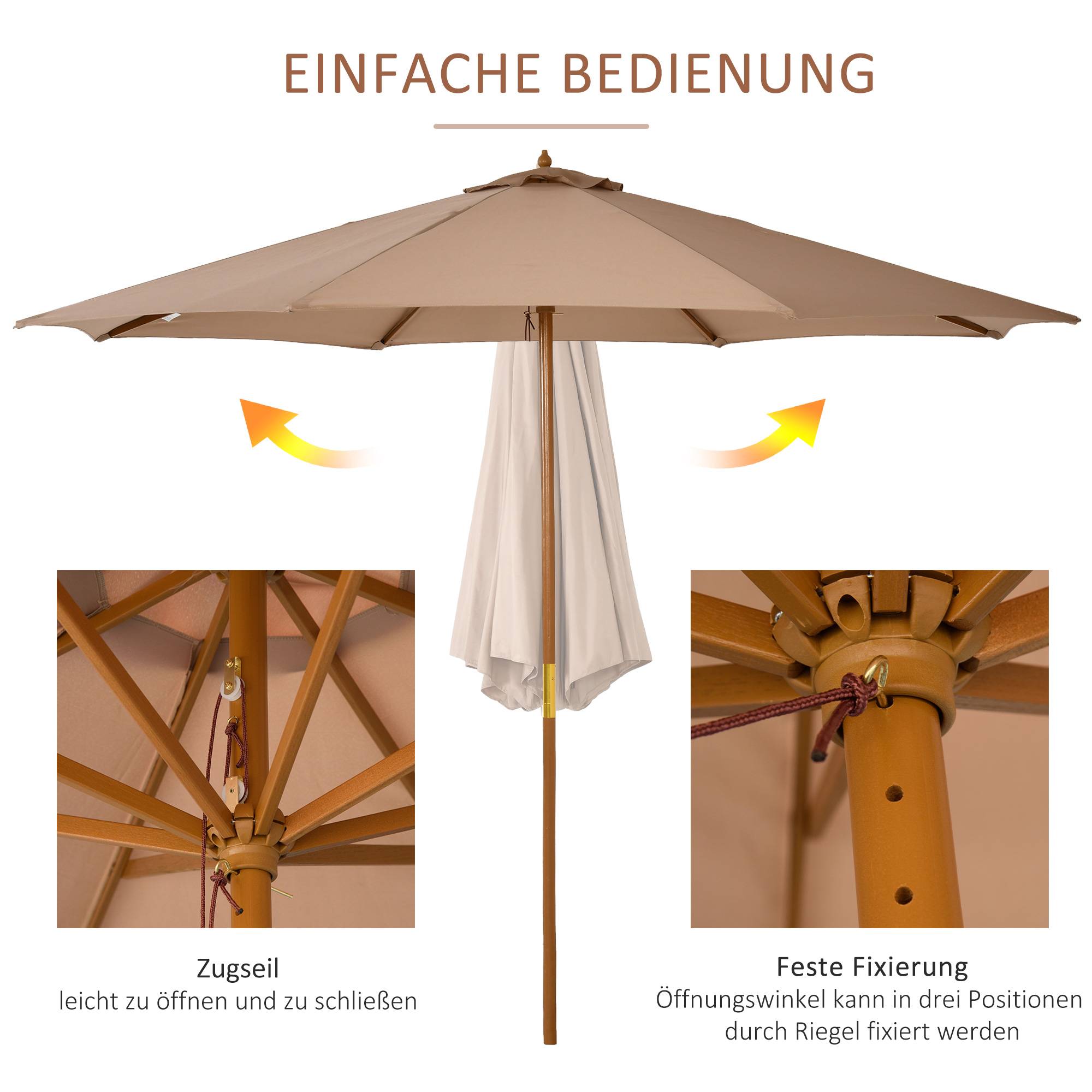 Parasol droit en bois bambou pour jardin terrasse protection anti-UV Ø300cm Kaki - ComfortXL Outdoor Living - Image 4