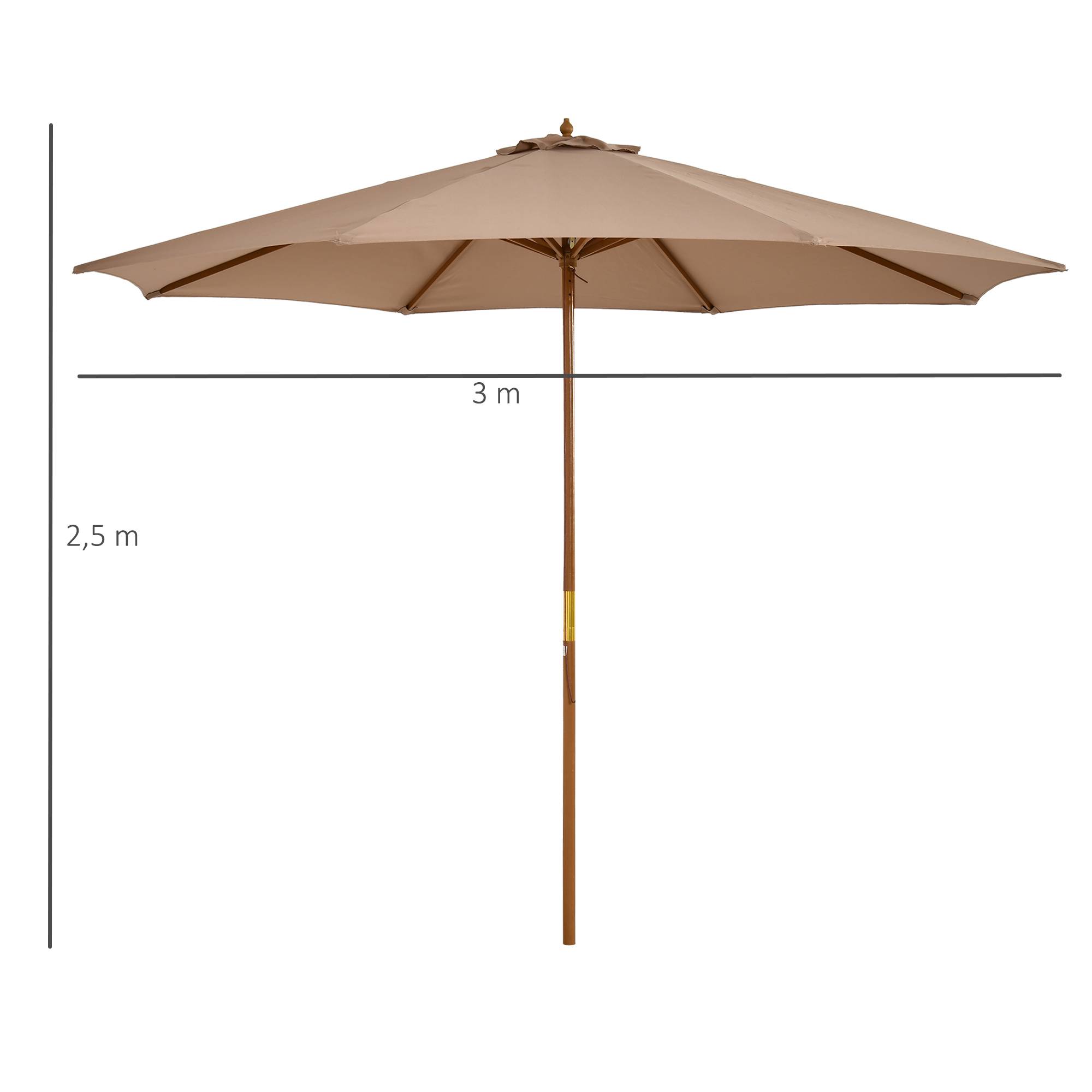 Parasol droit en bois bambou pour jardin terrasse protection anti-UV Ø300cm Kaki - ComfortXL Outdoor Living - Image 3