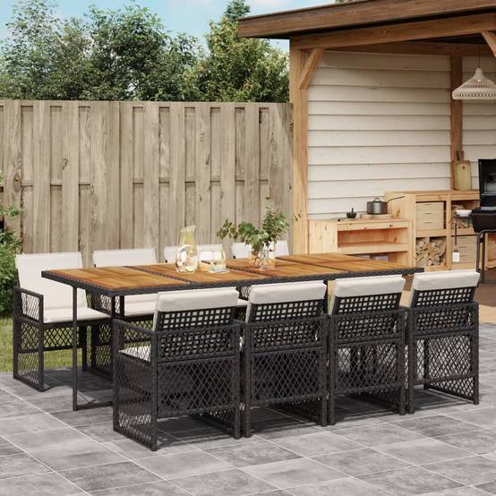 Salon de Jardin 8 Personnes Résine Tressée Encastrable Table Bois 220cm Coussins Noir – ComfortXL Outdoor Living - Image 1