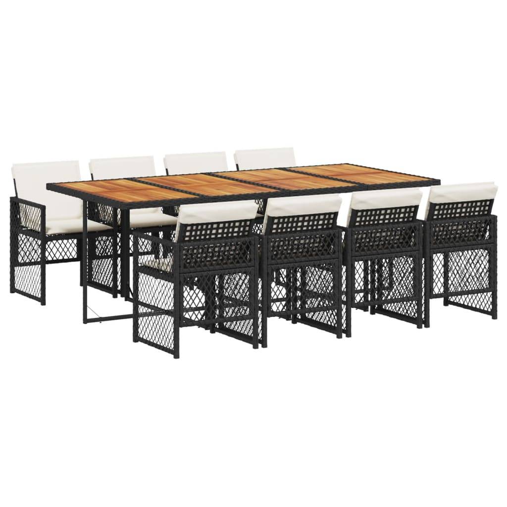Salon de Jardin 8 Personnes Résine Tressée Encastrable Table Bois 220cm Coussins Noir – ComfortXL Outdoor Living - Image 2