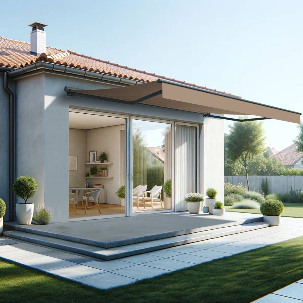 Store banne semi-coffre SARARI 5,00x3,00m (Motorisé à interrupteur + manœuvre de secours - Taupe - Gris anthracite) - Alia Productions - Imagen 1