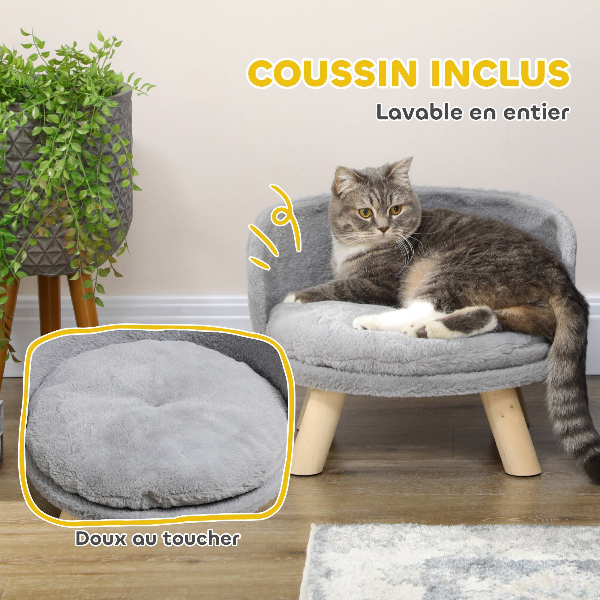 Canapé lit panier pour chien design scandinave coussin moelleux amovible pieds en bois Ø 40,5 x 33H cm gris - Image 7