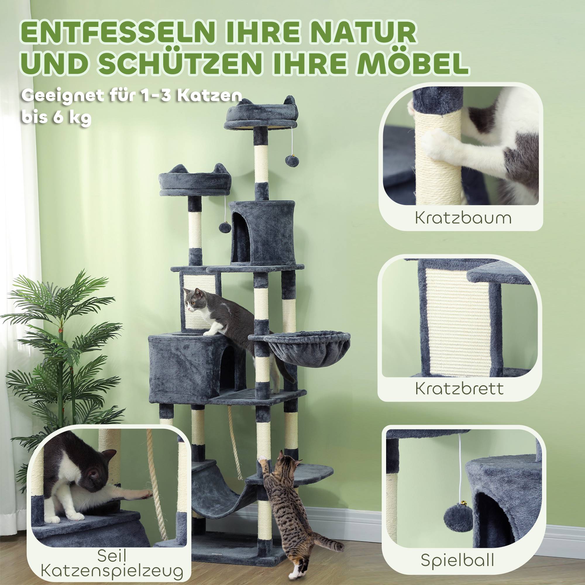 Grand arbre à chat Sisal grands chats Plateformes multiples 60x50x206cm Gris foncé - ComfortXL Outdoor Living - Image 8
