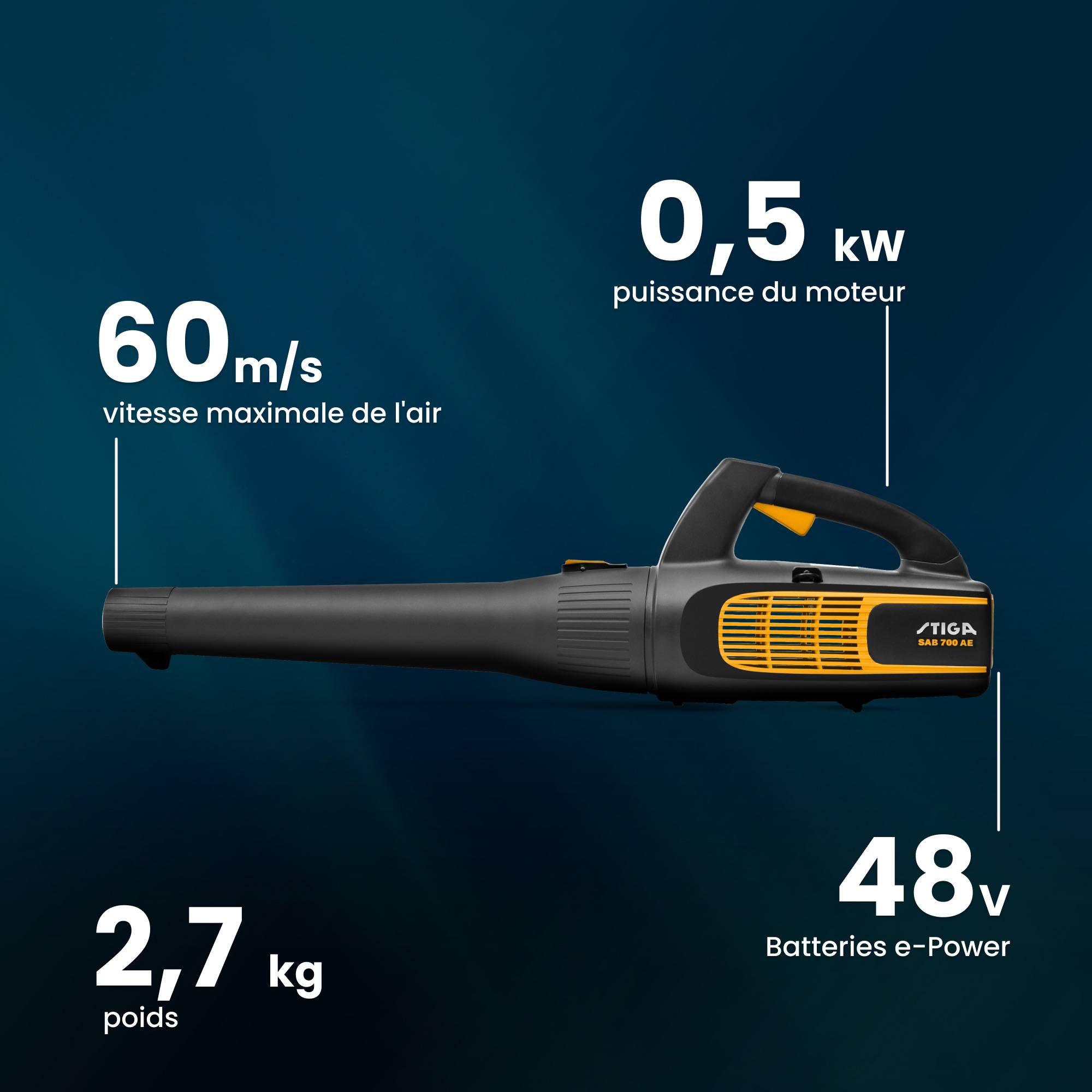 Stiga - Souffleur à Batterie SAB700AE - Moteur puissant de 500 W, Batterie E 420 48 V 2 Ah (non incluse), 3 réglages de vitesse, Ergonomique, Léger 2,76-STIGA - Imagen 5