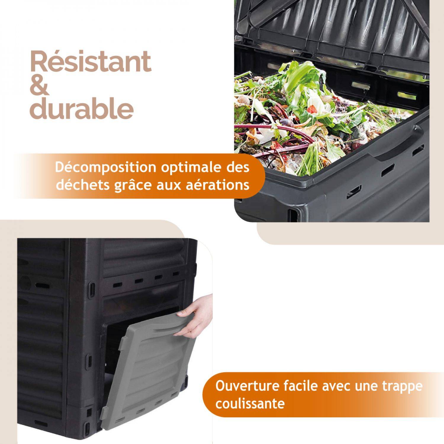 Linxor - Composteur, bac, poubelle à compost de jardin - 300 L - Noir et Gris - Linxor - Imagen 4