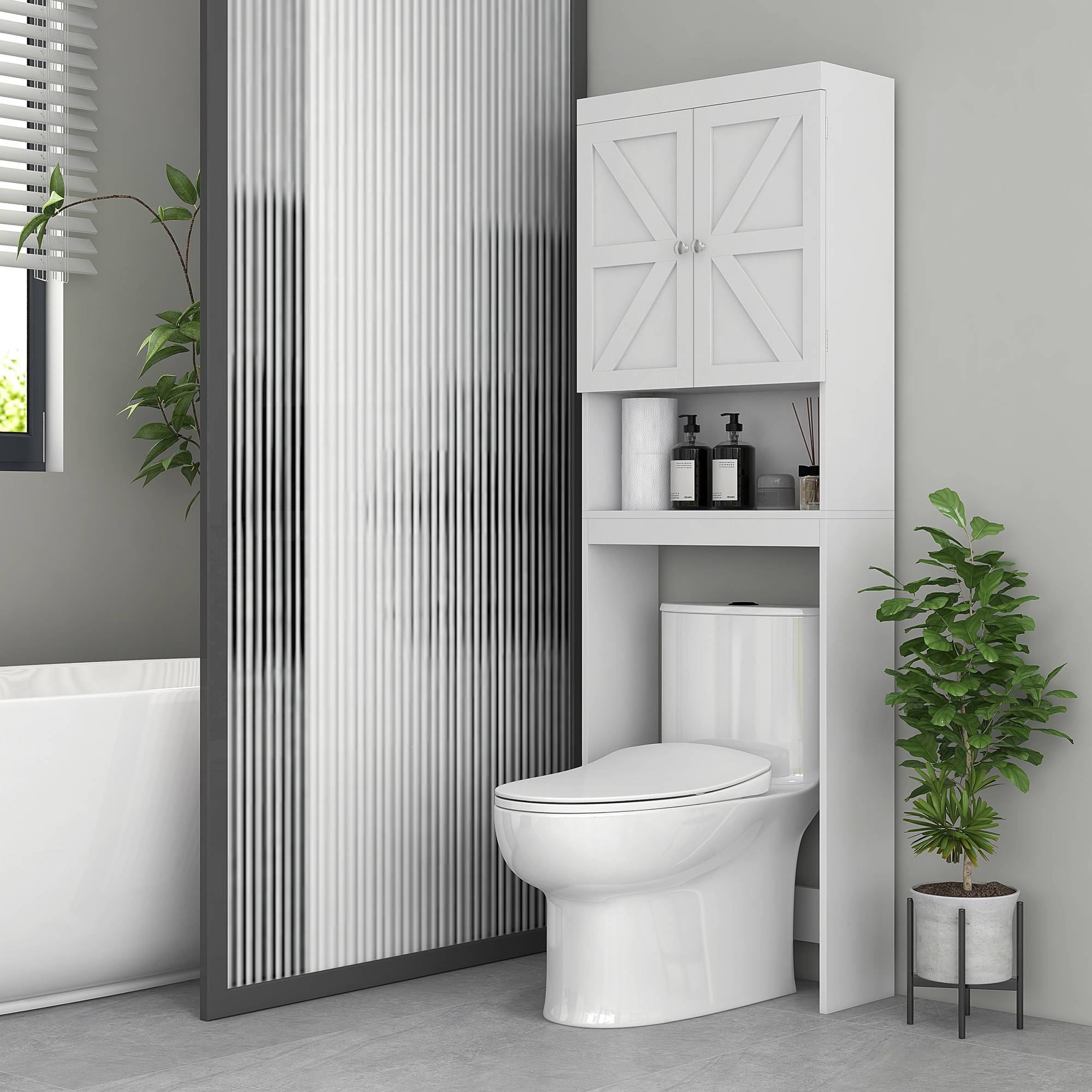 Sans Marque - Armoire rangement dessus toilettes meuble salle bain placard 2 portes étagère 58,5x23x170 cm blanc - Image 3