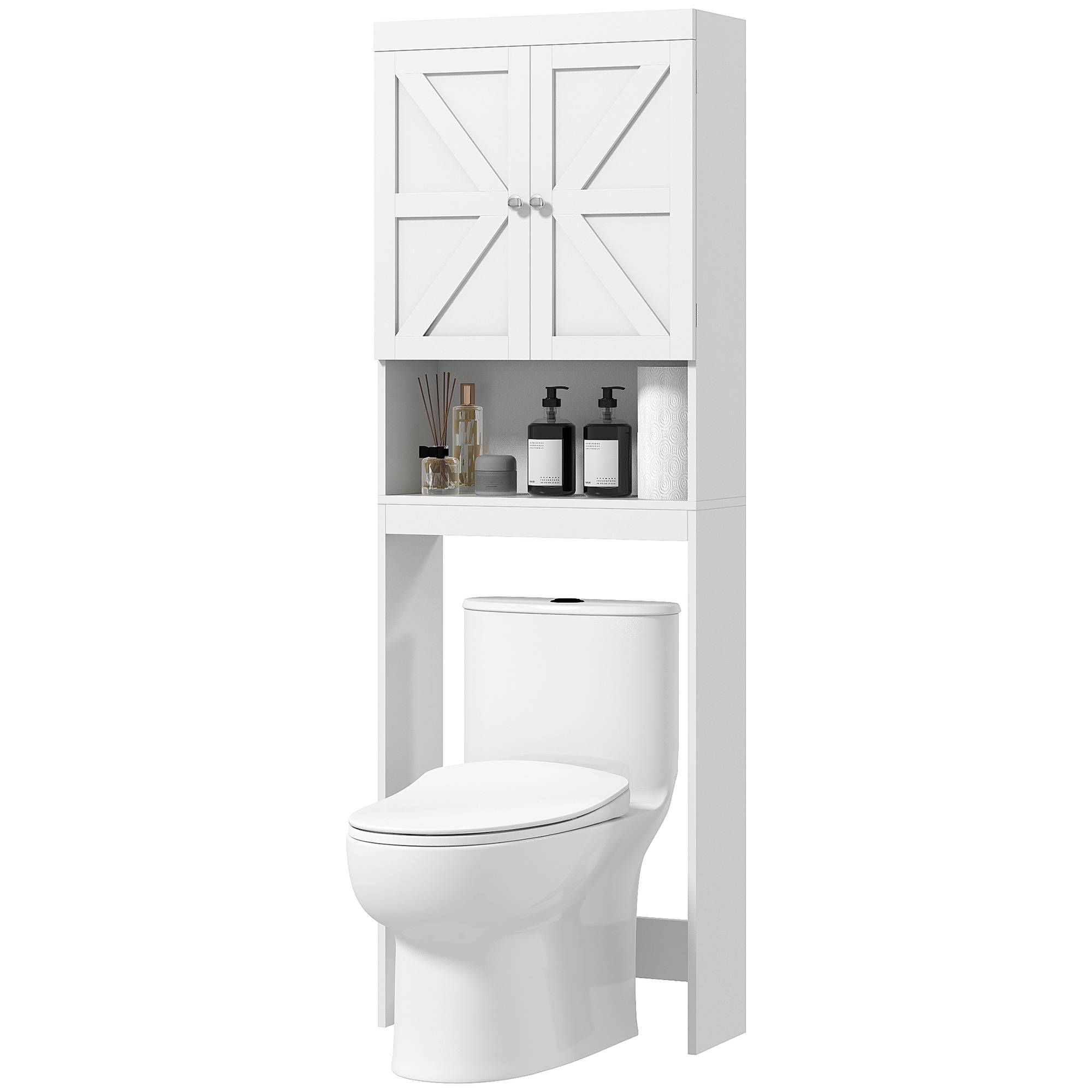 Sans Marque - Armoire rangement dessus toilettes meuble salle bain placard 2 portes étagère 58,5x23x170 cm blanc - Image 2