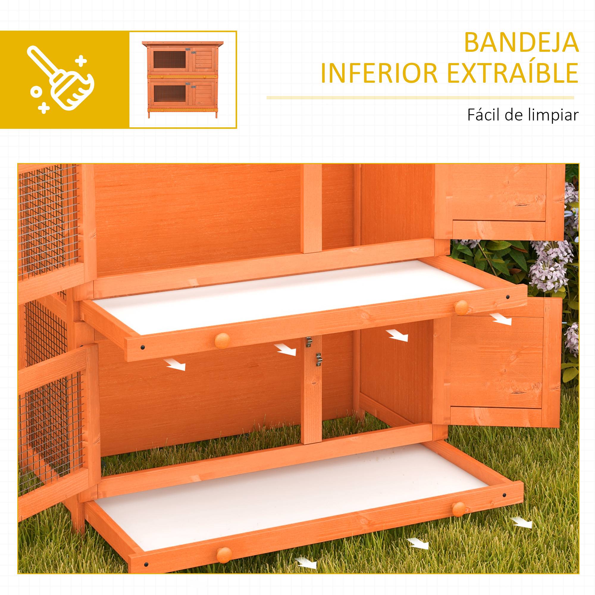 Clapier Bois Extérieur 2 Niveaux pour 1–2 Lapins avec Toit Ouvrant et 2 Plateaux Amovibles, 90 x 45 x 90 cm, Naturel - Image 6