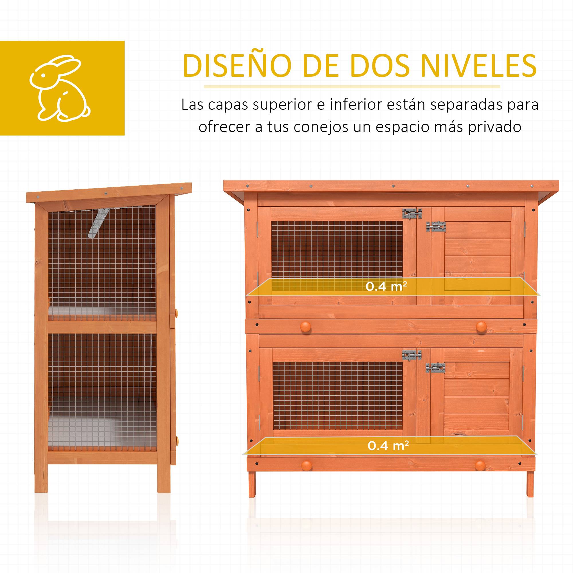 Clapier Bois Extérieur 2 Niveaux pour 1–2 Lapins avec Toit Ouvrant et 2 Plateaux Amovibles, 90 x 45 x 90 cm, Naturel - Image 8