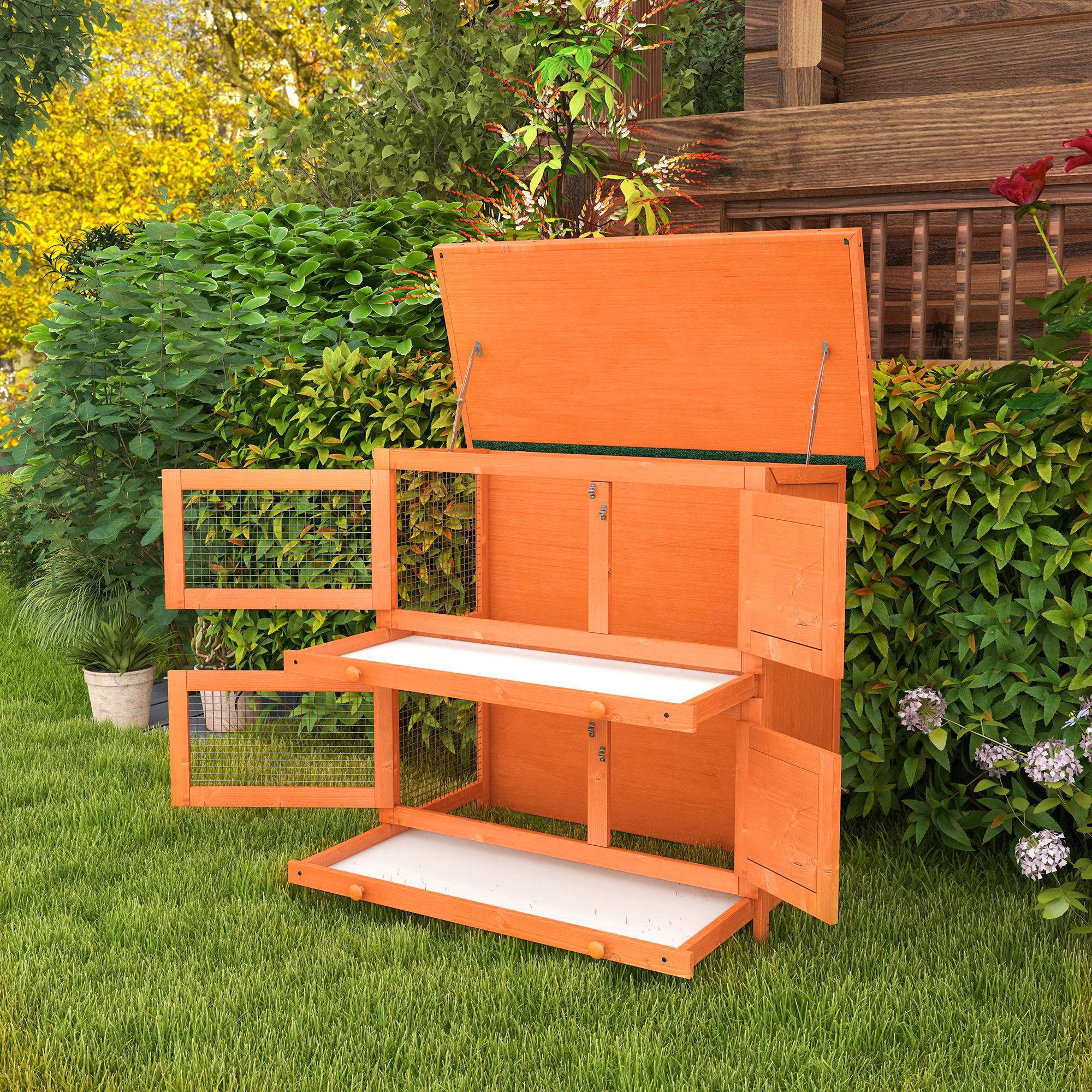Clapier Bois Extérieur 2 Niveaux pour 1–2 Lapins avec Toit Ouvrant et 2 Plateaux Amovibles, 90 x 45 x 90 cm, Naturel - Image 10