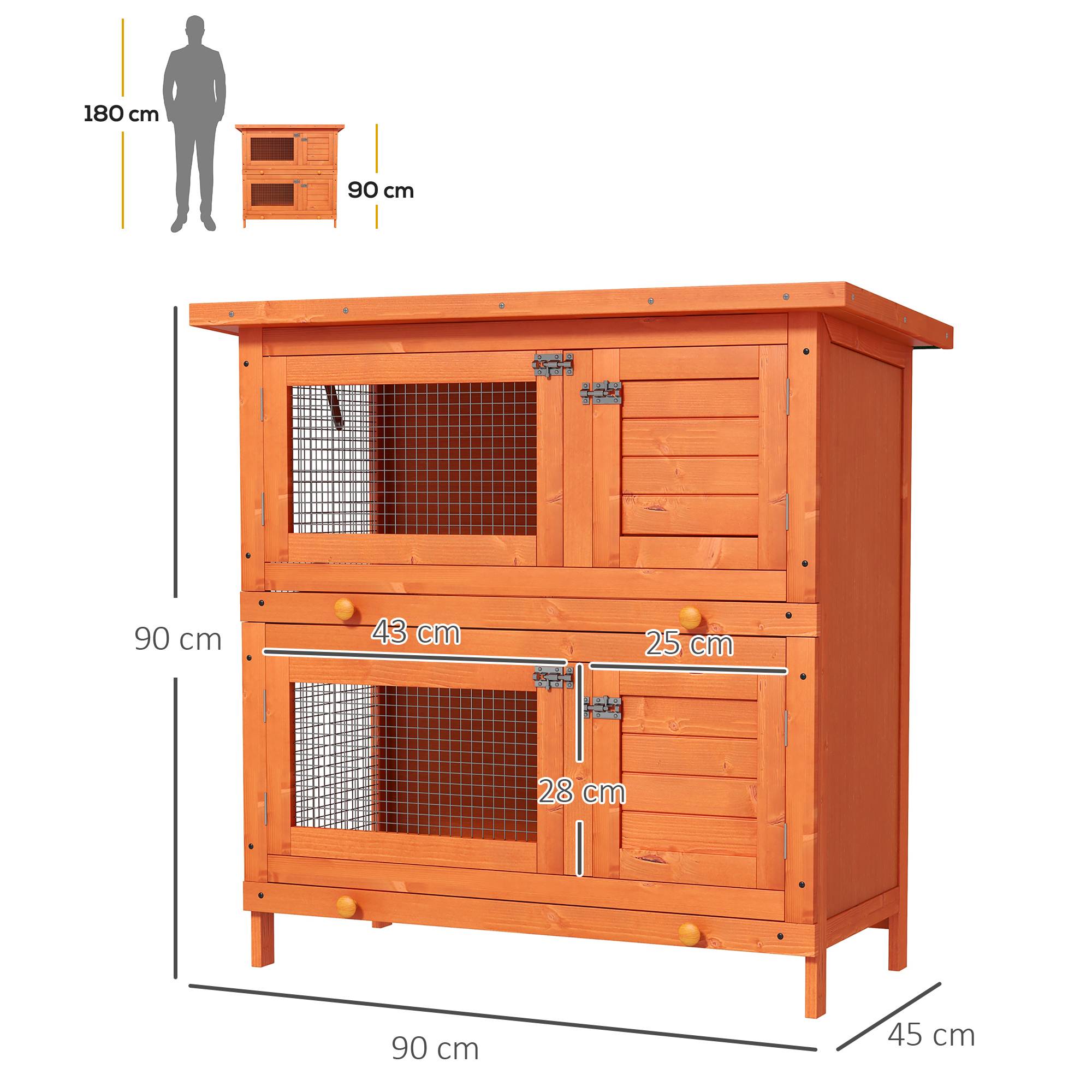 Clapier Bois Extérieur 2 Niveaux pour 1–2 Lapins avec Toit Ouvrant et 2 Plateaux Amovibles, 90 x 45 x 90 cm, Naturel - Image 5