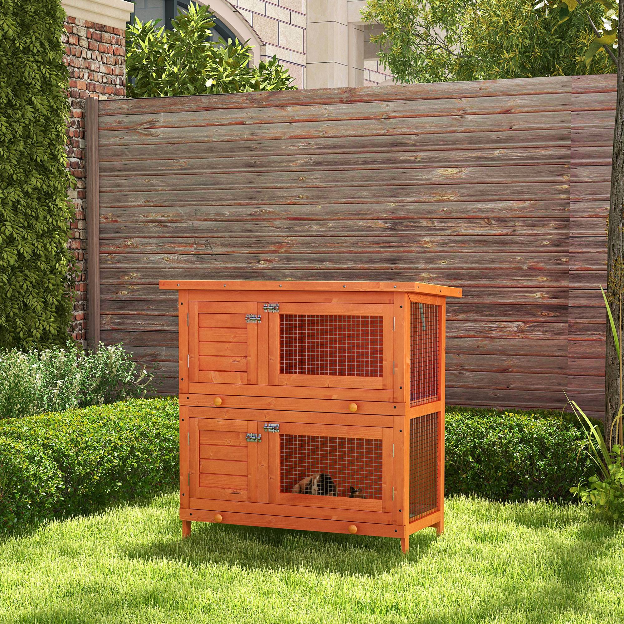 Clapier Bois Extérieur 2 Niveaux pour 1–2 Lapins avec Toit Ouvrant et 2 Plateaux Amovibles, 90 x 45 x 90 cm, Naturel - Image 3