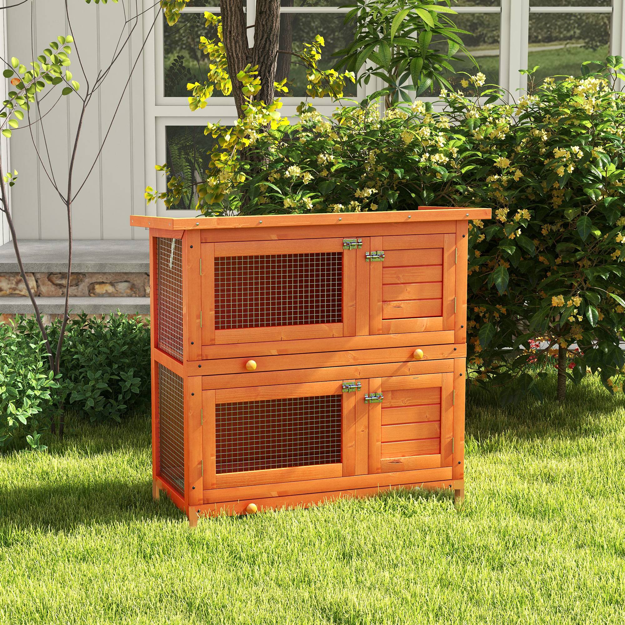 Clapier Bois Extérieur 2 Niveaux pour 1–2 Lapins avec Toit Ouvrant et 2 Plateaux Amovibles, 90 x 45 x 90 cm, Naturel - Image 4