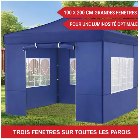 Pavillon 3x3m Tonnelle de jardin pliable Bleu avec fenêtres Sac de rangement inclus - Image 5