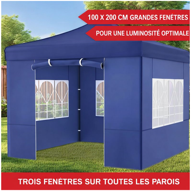 Pavillon 3x3m Tonnelle de jardin pliable Bleu avec fenêtres Sac de rangement inclus - Image 5