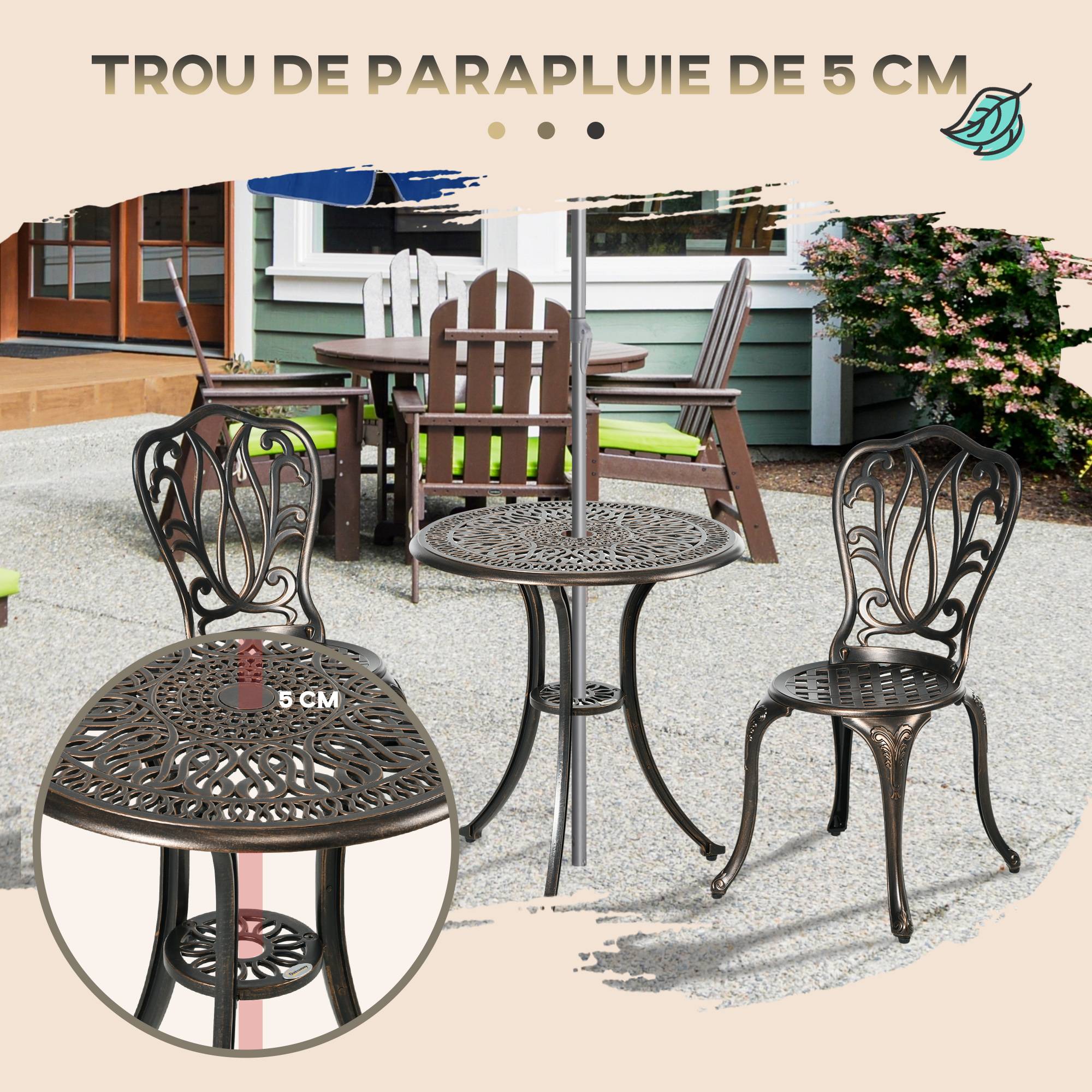 Sans Marque - Ensemble Salon de Jardin 2 Places 2 chaises + Table Ronde style charme rétro en fonte d'aluminium, bronze - Image 7