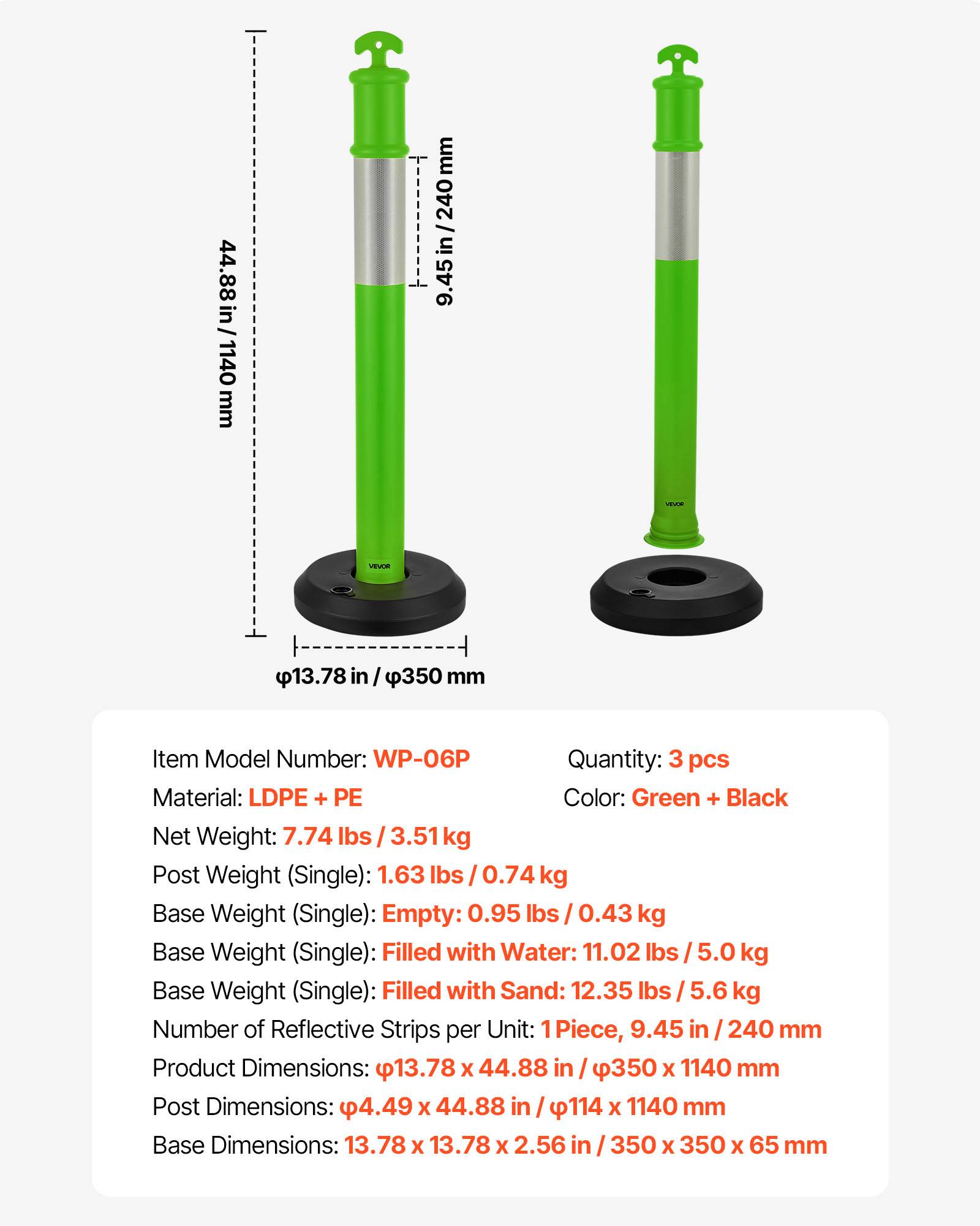 VEVOR Poteau de Signalisation Balise 3PCs 114 cm avec Base Remplissable Vert - Image 7